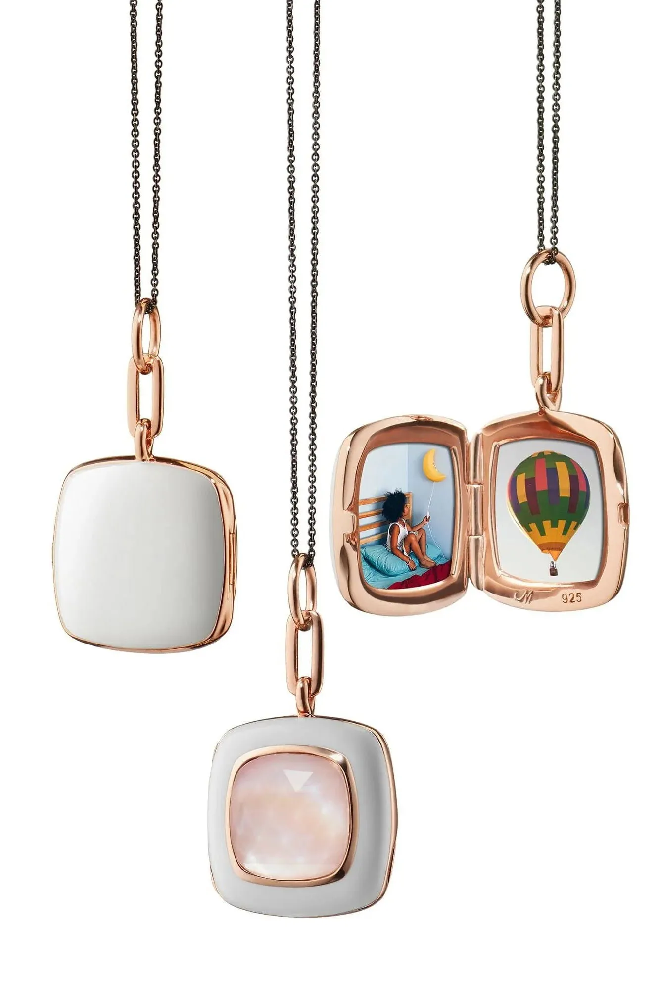 White Enamel Vermeil Cushion Locket with Pink Mother of Pearl