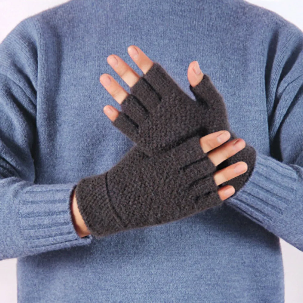 Winter Warm Fingerless Gloves Thermal Half Finger Knitted Mittens Dark Grey