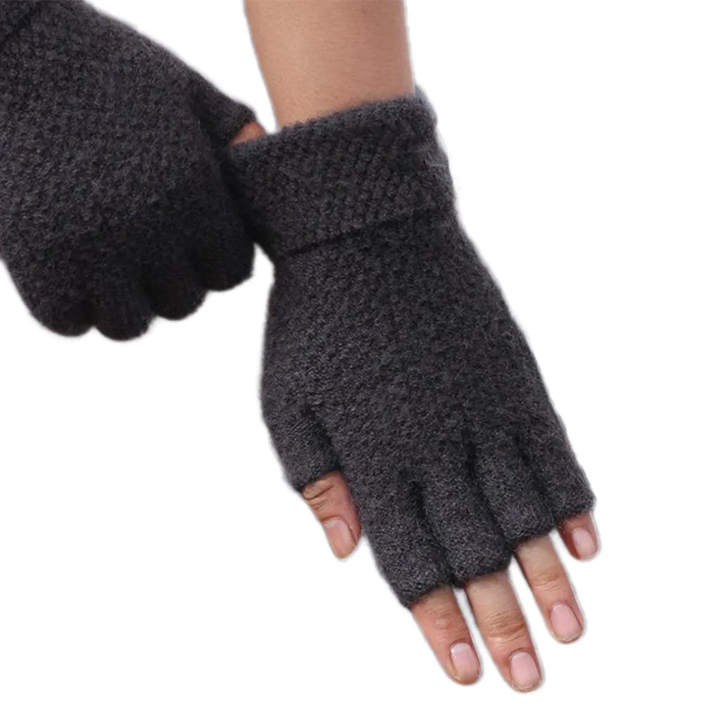 Winter Warm Fingerless Gloves Thermal Half Finger Knitted Mittens Dark Grey