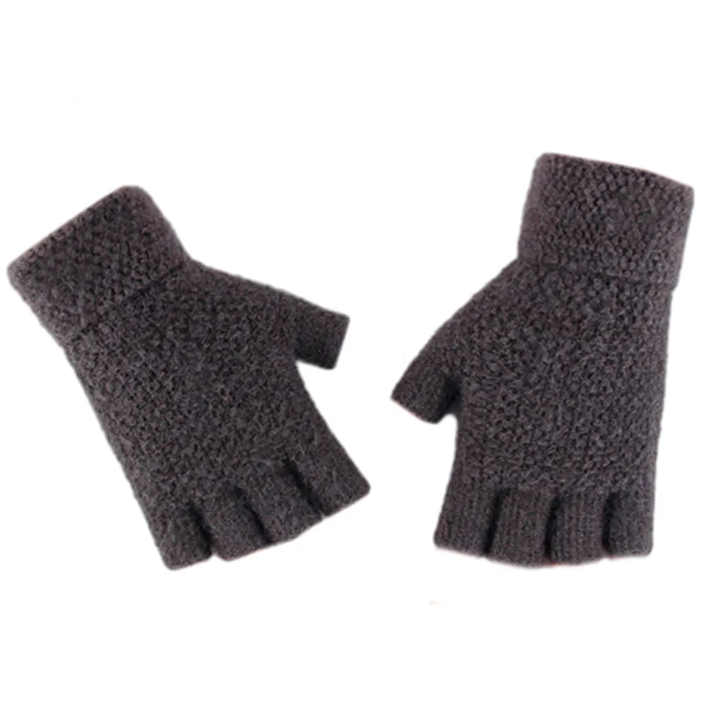 Winter Warm Fingerless Gloves Thermal Half Finger Knitted Mittens Dark Grey