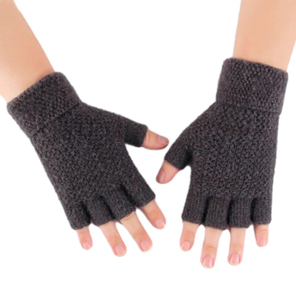 Winter Warm Fingerless Gloves Thermal Half Finger Knitted Mittens Dark Grey