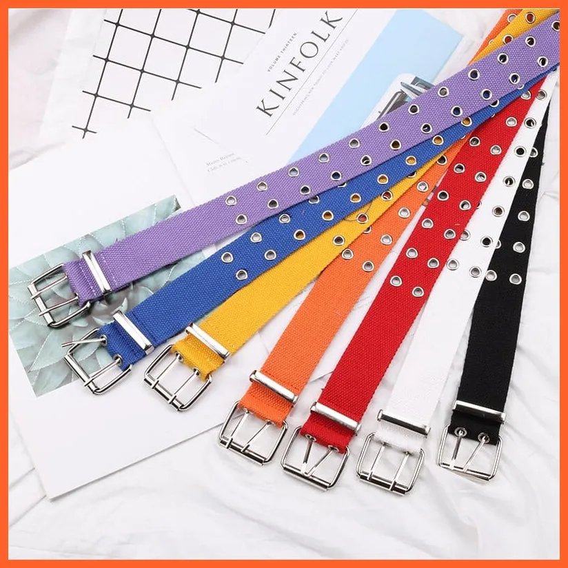 Women Canvas Double Hole Waist Belts | Solid Color Double Hole Grommet Belt
