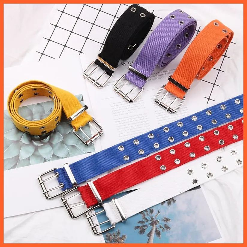Women Canvas Double Hole Waist Belts | Solid Color Double Hole Grommet Belt