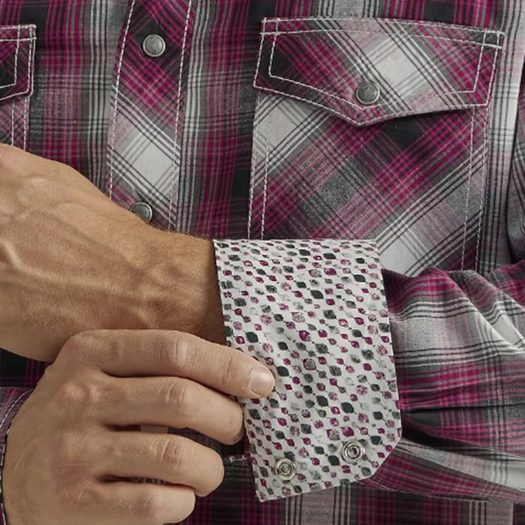 Wrangler Men's Raspberry & Black & Grey Plaid Shirt
