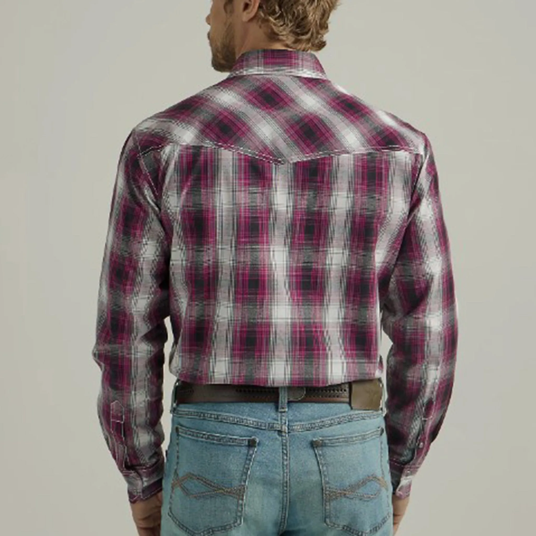 Wrangler Men's Raspberry & Black & Grey Plaid Shirt